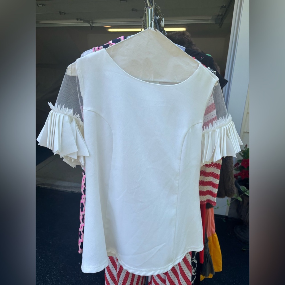White Pleated Mesh Short Sleeve Women's Top